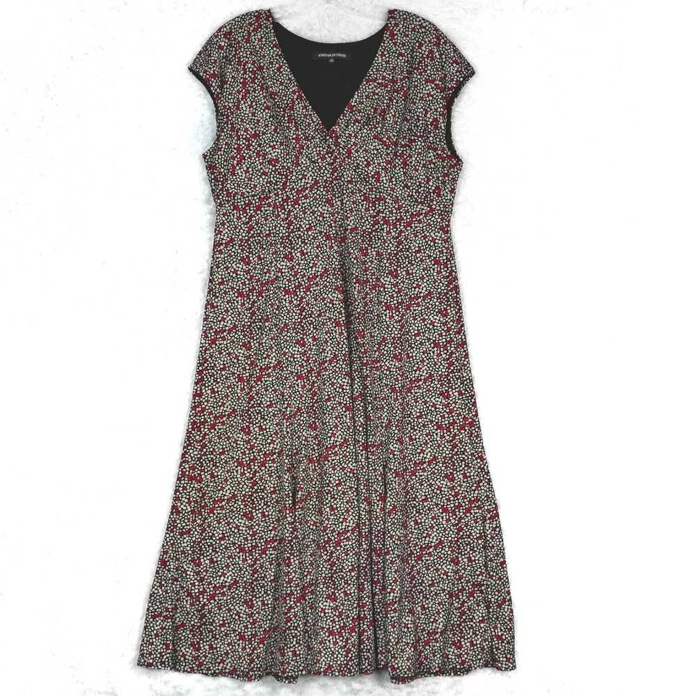 Jones Wear Womens Dress Midi Black Red Cream Geometric Print Cap Sleeve Plus 16